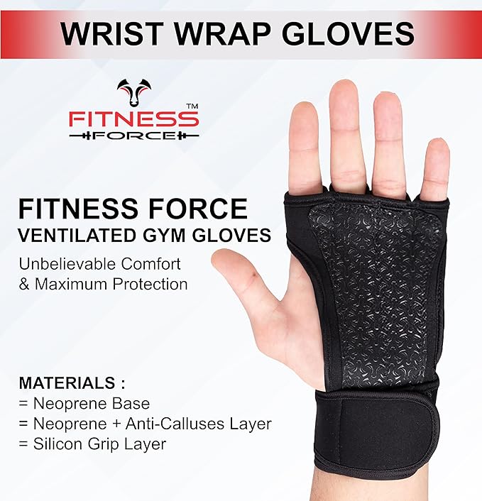 FITNESS FORCE Ventilated Gym Gloves for Men with Built-in Wrist Support for Workouts Weightlifting Gloves Workout Gloves for Women Exercise Fitness Gloves Perfect for Powerlifting, Cross Training