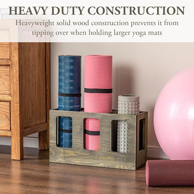 MyGift Wall Mounted Vintage Gray Solid Wood Yoga Mat Holder Fitness Gym Foam Roller Storage Organizer, Floor Standing Sports Exercise Mat Rack