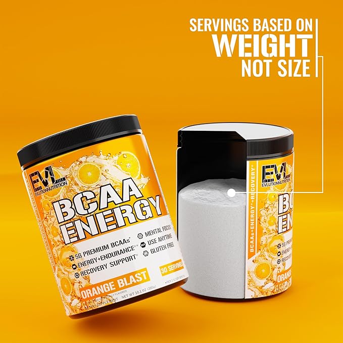 EVL BCAAs Amino Acids Powder - Rehydrating BCAA Powder Post Workout Recovery Drink with Natural Caffeine - BCAA Energy Pre Workout Powder for Muscle Recovery Lean Growth and Endurance - Orange Blast