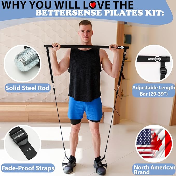 Upgraded Pilates Bar Kit – 39” Adjustable Exercise 6X 20, 20, 30, 30, 40 40 lbs