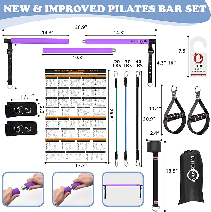 Upgraded Pilates Bar Kit – 39” Adjustable Exercise 6X 20, 20, 30, 30, 40 40 lbs
