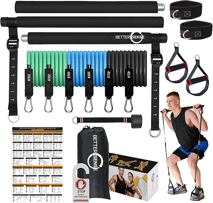 Upgraded Pilates Bar Kit – 39” Adjustable Exercise Equipment for Men, Women with 6X 20, 30, 40 lbs Resistance Bands with Adjustment Buckle – Pilates Equipment for Home Workouts for All Fitness Levels
