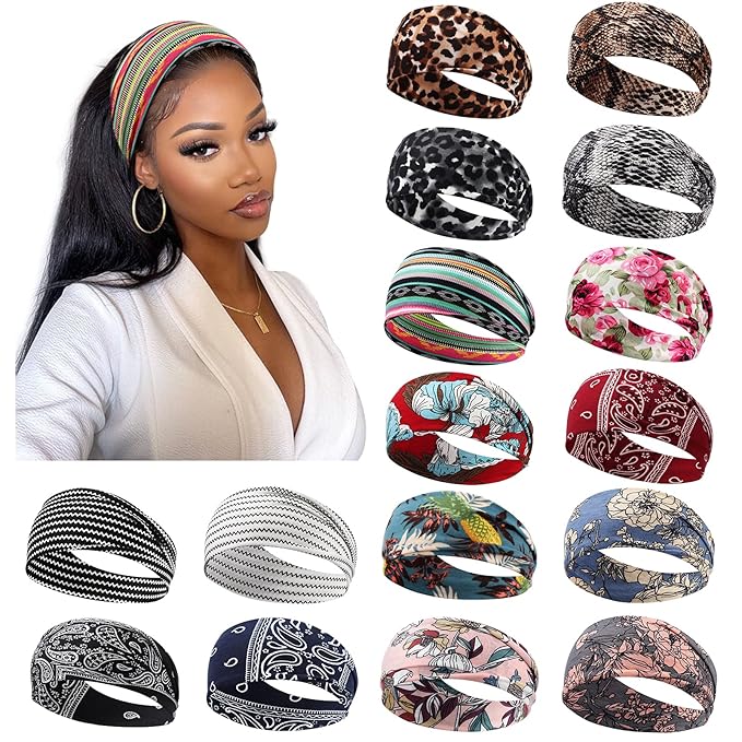 DRESHOW Yoga Running Leopard Headbands for Women Elastic Non-Slip Headbands Sports Workout Hair Bands 16 Pack