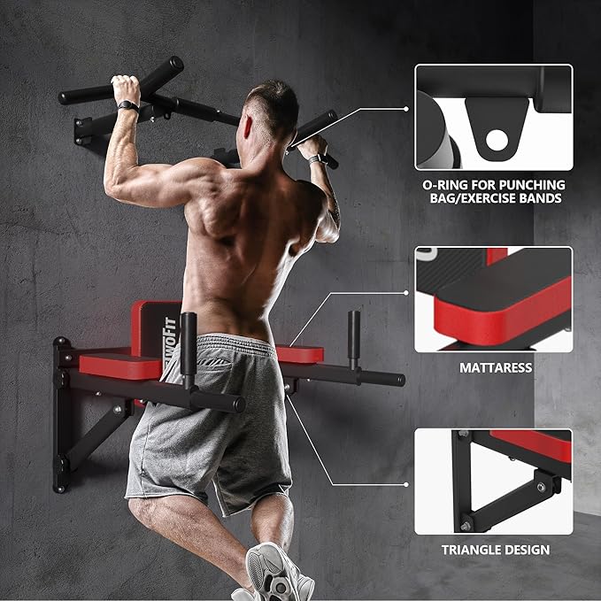 ONETWOFIT Wall Mounted Power Tower Pull Up Bar Station Workout Dip Station,Multi-Function Chin Up Bar Exercise Power Tower Set Training Equipment Support to 440Lbs