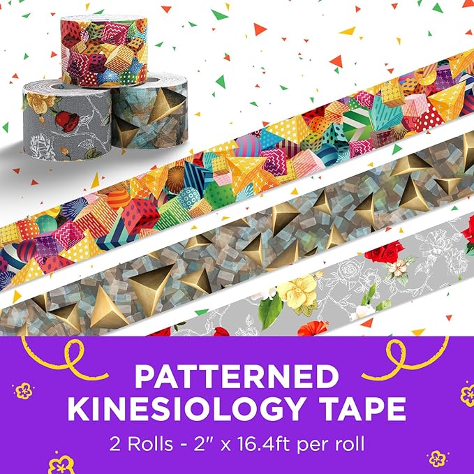OK TAPE Patterned Kinesiology Tape, Elastic Physical Therapy Athletic Tape for Pain Relief & Muscle Support, Uncut Kinetic Tape, 2in x 16.4ft- 2 Rolls (Pyramid)