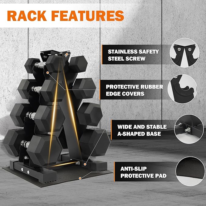Rubber Coated Hex Dumbbell Weight Set and Storage Rack, 100LB Set or 150LB Set, 5-20 lbs Pairs or 5-25 lbs Pairs