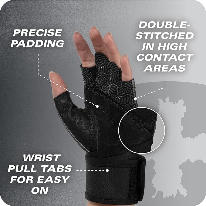 Harbinger Pro Wristwrap Gloves 3.0 - Enhanced Grip, Superior Wrist Support, Breathable 4-Way Stretch Lycra, Durable Leather Palm, Half-Finger Design for Weightlifting, Fitness Training, Women's