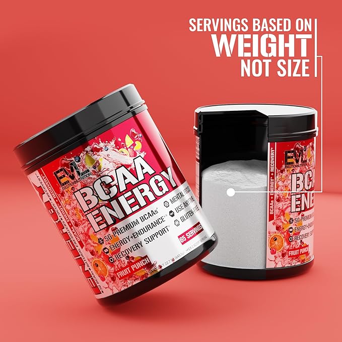 EVL BCAAs Amino Acids Powder - BCAA Energy Pre Workout Powder for Muscle Recovery Lean Growth and Endurance - Rehydrating Post Workout Recovery Drink with Natural Caffeine - Fruit Punch
