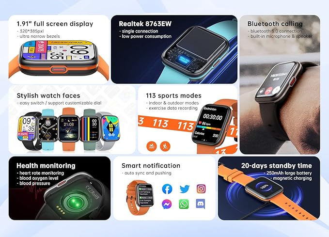 UWATCH 1.90" Smart Watch – Heart Rate & Sleep Monitor, IP68 Waterproof Fitness Tracker – Silicone Strap Smart Watches – Ideal for Health, Fitness & Daily Wear – Compatible with iOS & Android (Black)