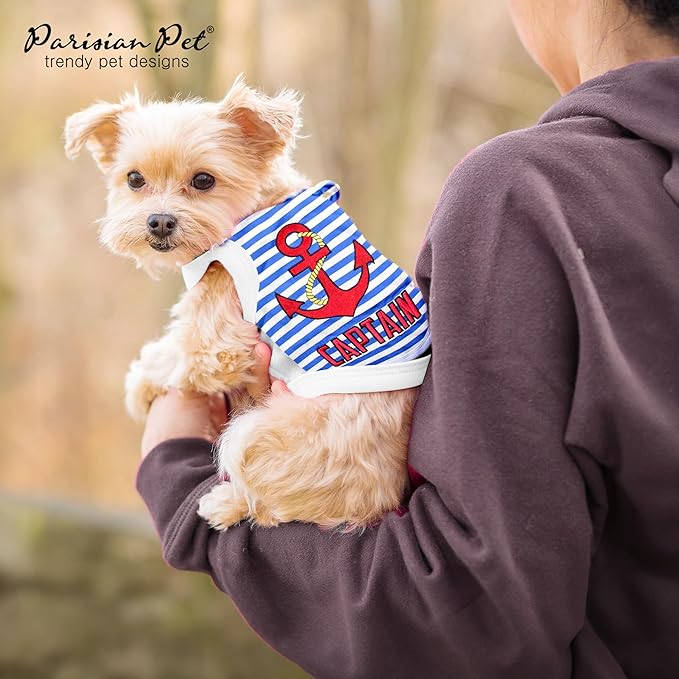 Parisian Pet Unisex Dog Tshirt - Embroidered “ Captain “ Dog Shirt - Breathable and Lightweight Tank Top - Machine Washable Tee Shirts for Large Dogs - XL