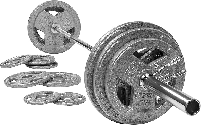 Signature Fitness Cast Iron Olympic 2-Inch Weight Plates Including 7FT Olympic Barbell, 130-Pound, 300-Pound or 325-Pound Set, Multiple Packages
