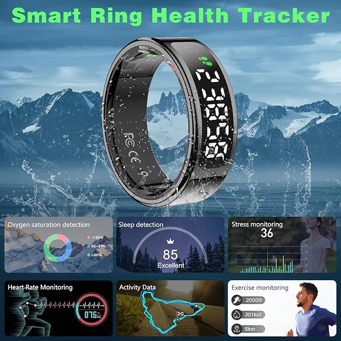 Smart Ring with LED Display Screen, Fitness Tracker Smart Rings for Women Men, Health Ring for iOS & Android, Sleep Tracker Ring Compatible with Heart Rate, SpO2, Sleep, Step (Black, 12)