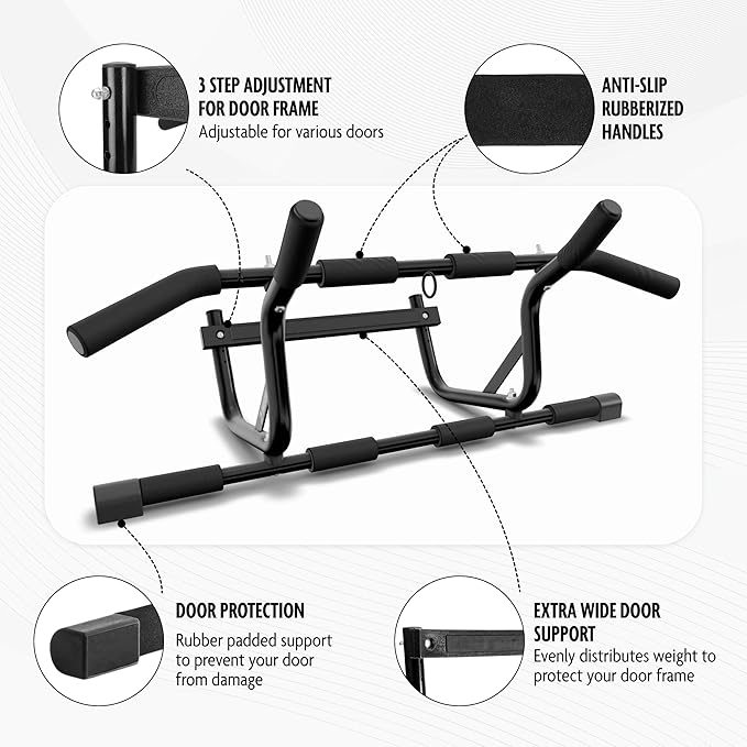 DMoose Fitness Pull Up Bar for Doorway - Upto 250 Lbs Capacity, No Screwing or Slipping, Hanging Pullup & Chin Up Bar for Door Frame - Padded Grips for Strength Training - Installation Guide Included