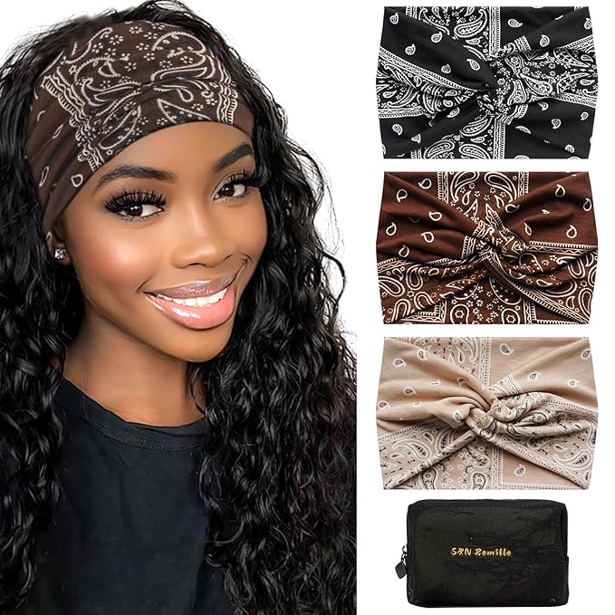 S&N Remille Wide Headbands for Women, Large Hairband, Elastic Non-Slip Headband Twist Knotted Accessories, Yoga Workout Vintage Hair 3 Pack (Colour-10)