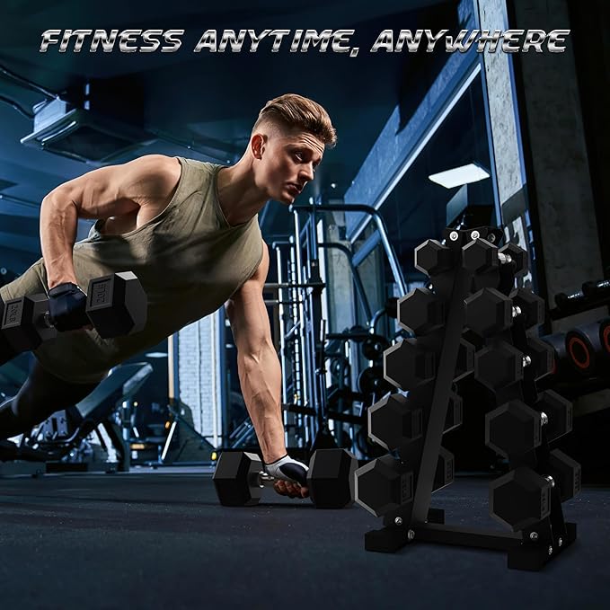 BalanceFrom 100LB or 150LB Rubber Coated Hex Dumbbell Weight Set and Storage Rack, 5-20 lbs Pairs, or 5-25 lbs Pairs
