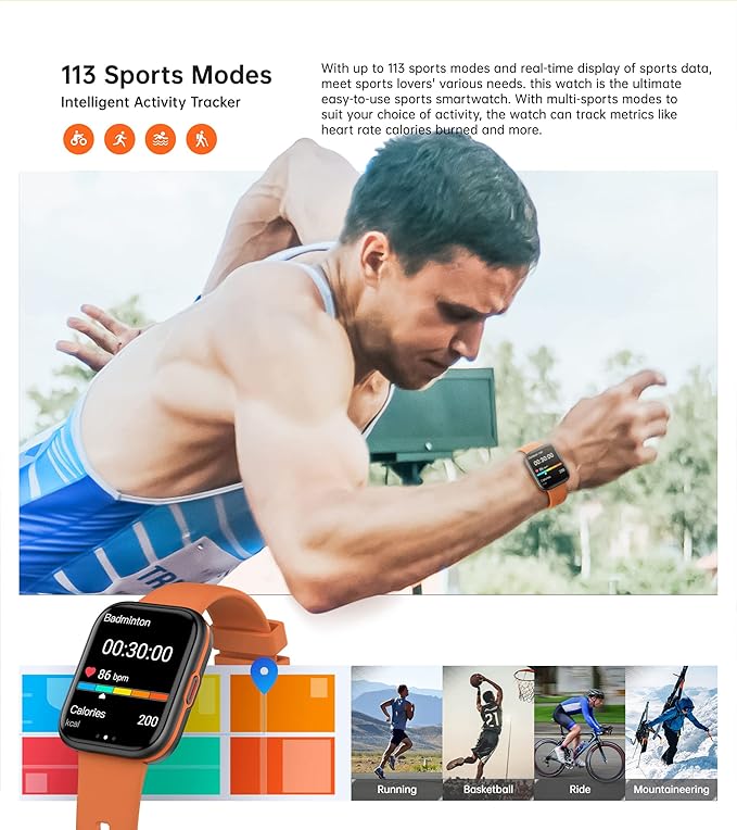 UWATCH 1.90" Smart Watch – Heart Rate & Sleep Monitor, IP68 Waterproof Fitness Tracker – Silicone Strap Smart Watches – Ideal for Health, Fitness & Daily Wear – Compatible with iOS & Android (Black)