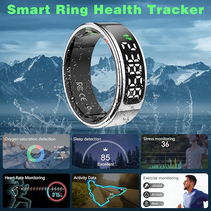 Smart Ring with LED Display Screen, Fitness Tracker Smart Rings for Women Men, Health Ring for iOS & Android, Sleep Tracker Ring Compatible with Heart Rate, SpO2, Sleep, Step (Silver, 9)