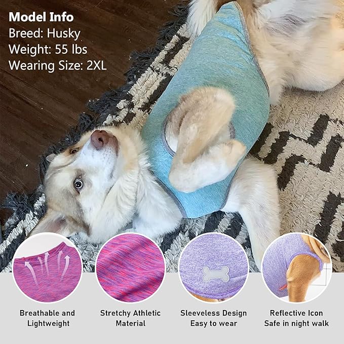KYEESE 2 Pack Dog Shirts Quick Dry Soft Stretchy Pet T-Shirts with Reflective Label Tank Top Sun Protection Sleeveless Vest Dog Clothes for Small Medium Dogs, XX-Large, Purple+Pink
