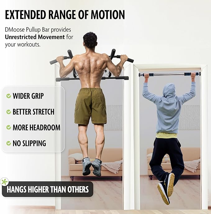 DMoose Fitness Pull Up Bar for Doorway - Upto 250 Lbs Capacity, No Screwing or Slipping, Hanging Pullup & Chin Up Bar for Door Frame - Padded Grips for Strength Training - Installation Guide Included