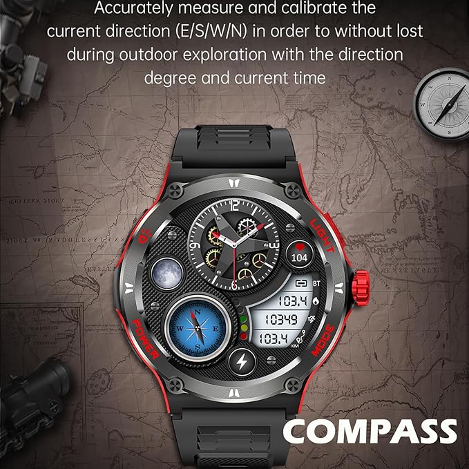 Yihou Smart Watch with Compass and Flashlight, Military Activity Tracker for Android iOS(Bluetooth Call Answer/Dial Calls) Rugged Smartwatch AI Voice Assistant/Heart Rate/Blood Pressure