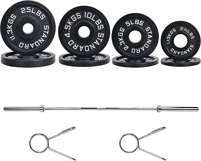 Signature Fitness Cast Iron Olympic 2-Inch Weight Plates Including 7FT Olympic Barbell, 130-Pound, 300-Pound or 325-Pound Set, Multiple Packages