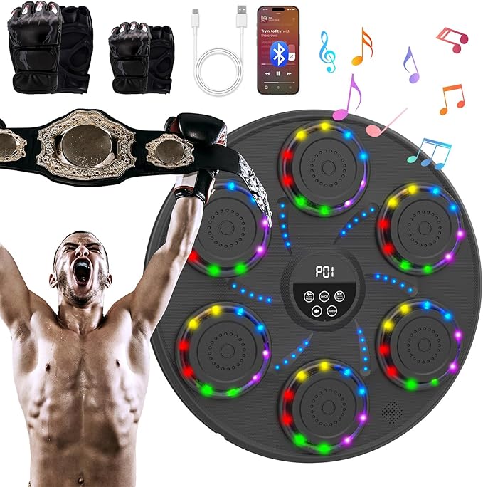 Music Boxing Machine Smart Bluetooth Boxing Equipment for Adults and Kids Home Gym Workout Exercise(2 Pairs of Gloves)