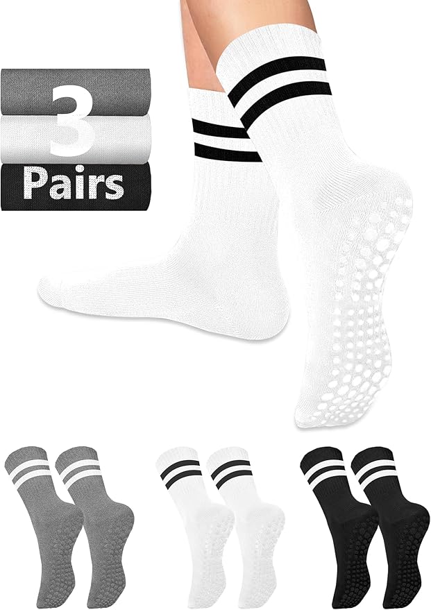 AURUZA 6 Pairs Pilates Grippy Socks with Grips for Women Non Slip Skid Yoga Socks Crew Length for Ballet Home Workout