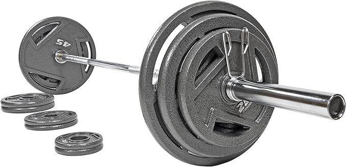 Signature Fitness Cast Iron Olympic 2-Inch Weight Plates Including 7FT Olympic Barbell, 130-Pound, 300-Pound or 325-Pound Set, Multiple Packages