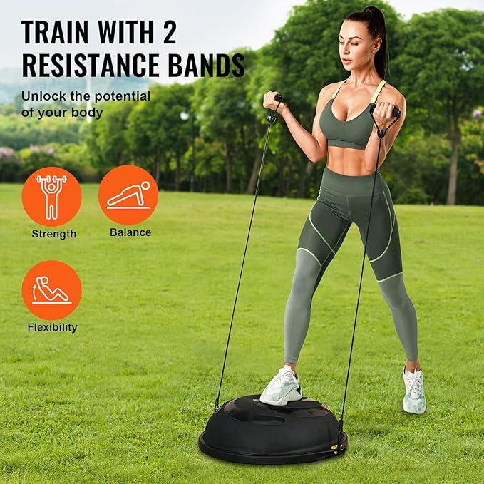 VEVOR Half Exercise Ball Trainer, 23/26 inch Balance Ball Trainer, 1500lbs Capacity Stability Ball, Yoga Ball with Resistance Bands & Foot Pump, Strength Fitness Ball for Home Gym Full Body Workout Black