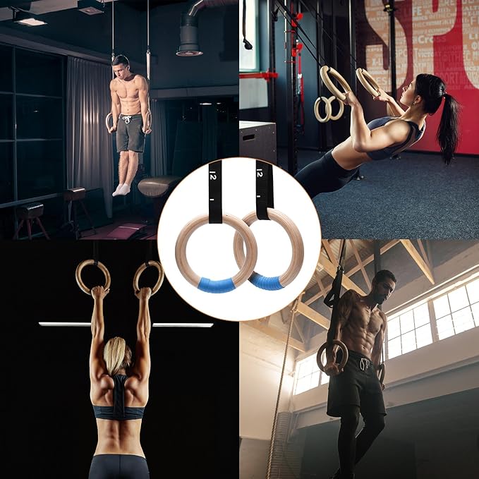 PACEARTH Gymnastics Rings Wooden Olympic Rings 1500/1000lbs 14.76ft Long