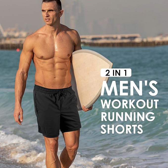 Men's 2 in 1 Athletic Quick Dry Shorts,Running Lightweight,Sweat Wicking Gym Workout Elastic Short