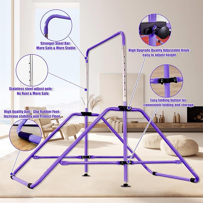 Upgrade Foldable Gymnastic Bar with Mat for Kids 3-12, 200 200 lbs