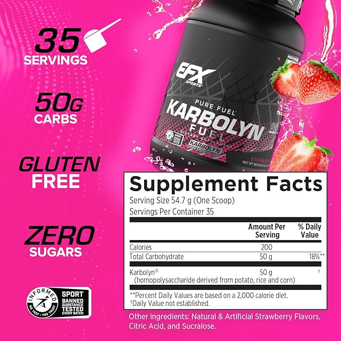 EFX Sports Karbolyn Fuel | Fast-Absorbing Carbohydrate Powder | Carb Load, Sustained Energy, Quick Recovery | Stimulant Free | 35 Servings (Strawberry)