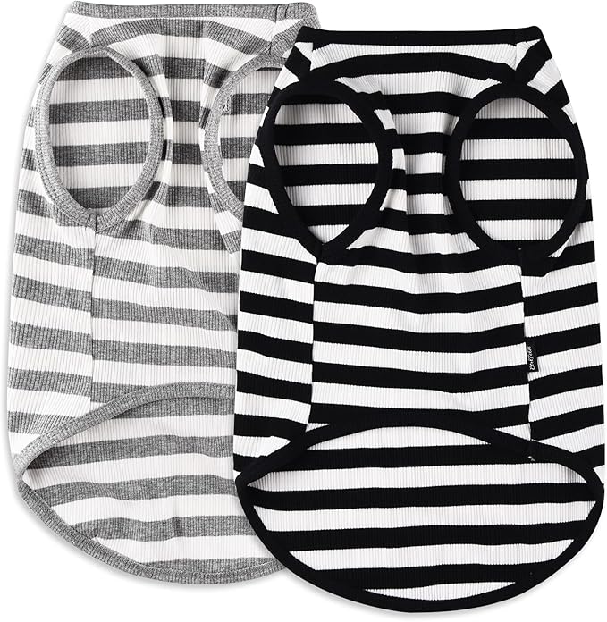 Dog Shirt Striped Clothes Stretchy Vests for Small Medium Large Dogs Boy Girl Cat Apparel Soft Cotton Puppy T-Shirts Lightweight Pet Tank Top Kitten Outfit Pack-2 Black & Light Grey L