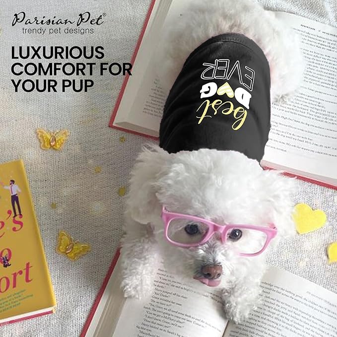Parisian Pet Dog Tshirt - Embroidered “ Best Dog Ever “ Tank Top - Pure Cotton and Lightweight Pet Vest - Sleeveless Black Tee Shirts - Machine Washable Shirt for Large Dogs - 3XL
