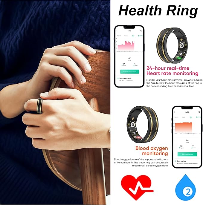 Smart Ring Heart Rate Monitor Blood Pressure Ring Sleep Tracker Fitness Ring Pedometer Step Counter Calories Fitness Tracker Waterproof Health Smart Rings for Men Women