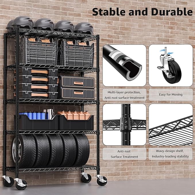 Steel Storage Shelving 5-Tier Utility Shelving Unit with Wheels, Steel Organizer Wire Rack for Home,Kitchen,Office,Garage, 1750 LBS Capacity 17.7" D x 47.2" W x 76.7" H