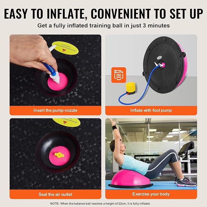 VEVOR Half Exercise Ball Trainer, 23/26 inch Balance Ball Trainer, 1500lbs Capacity Stability Ball, Yoga Ball with Resistance Bands & Foot Pump, Strength Fitness Ball for Home Gym Full Body Workout Black