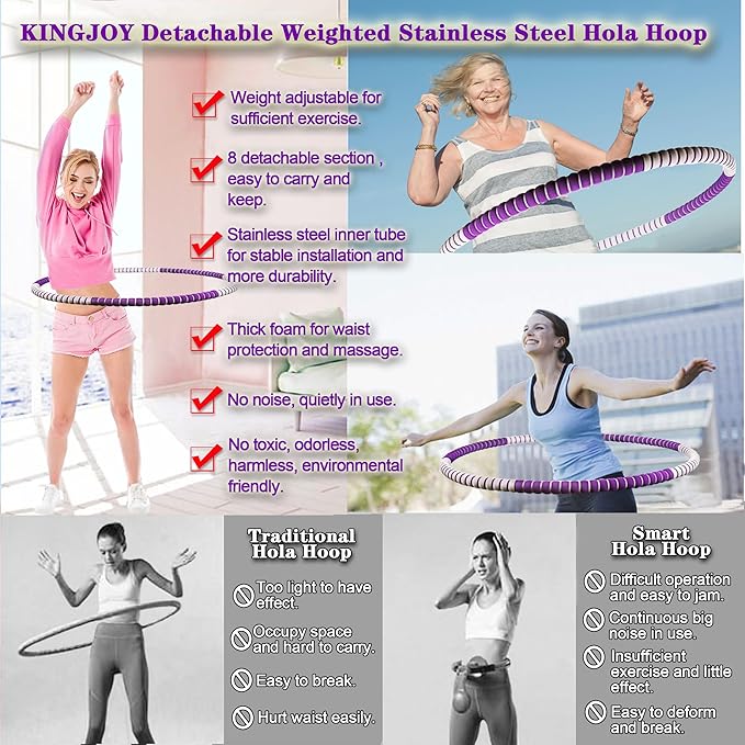 Weighted Fitness Hoop for Adults Kids Women 2lb ~ 5lb, 8 8 Detachable