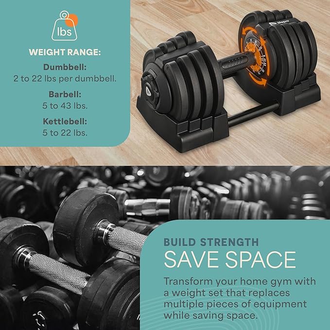 Lifepro Adjustable Dumbbells Set - 5in1-15lb 25lb 43lb weights Set & Single with Rack - Quick Adjust, Secure Grip - Compact Hand Weights for Men Women Home Gym