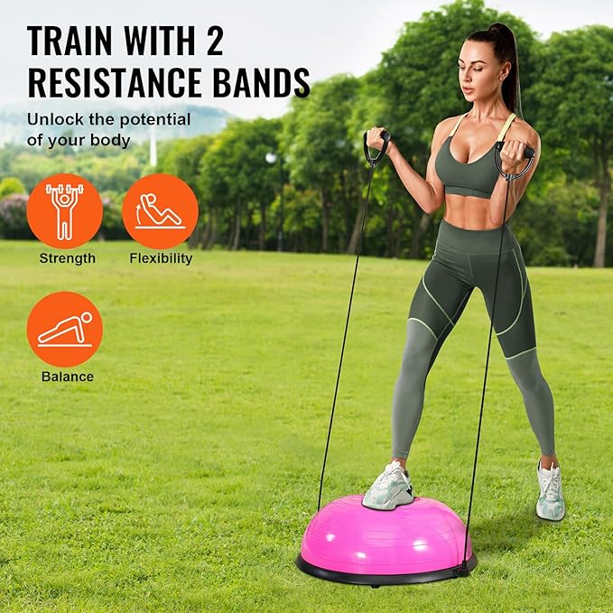 VEVOR Half Exercise Ball Trainer, 23/26 inch Balance Ball Trainer, 1500lbs Capacity Stability Ball, Yoga Ball with Resistance Bands & Foot Pump, Strength Fitness Ball for Home Gym Full Body Workout Black