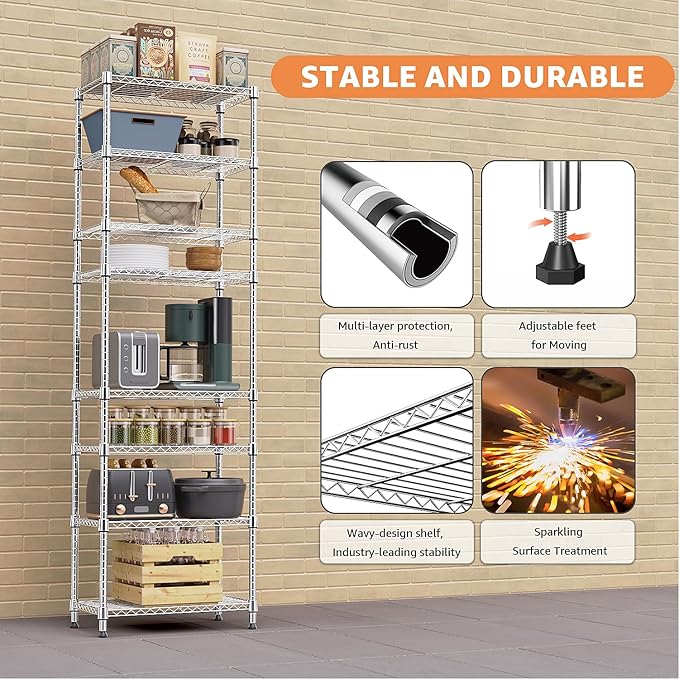 MZG 8 Tier 2000 lbs Storage Rack Metal Wire Shelving Unit, Storage Standing Shelf Organizer for Laundry Bathroom Kitchen Pantry Closet Garage Basement Utility Room, Chrome 13.8" D x 23.6" W x 79.5" H