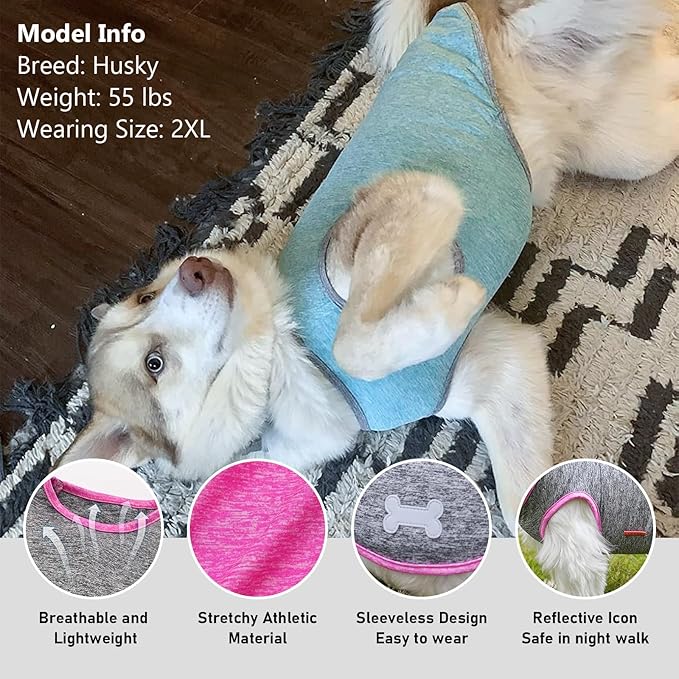 KYEESE 2 Pack Dog Shirts Quick Dry Soft Stretchy Dog T-Shirts with Reflective Label Tank Top Sleeveless Vest Pet Clothes for Small Medium Dogs, XX-Large, Grey+Hotpink
