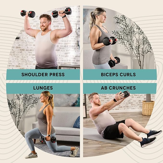 Lifepro Adjustable Dumbbells Set - 5in1-15lb 25lb 43lb weights Set & Single with Rack - Quick Adjust, Secure Grip - Compact Hand Weights for Men Women Home Gym
