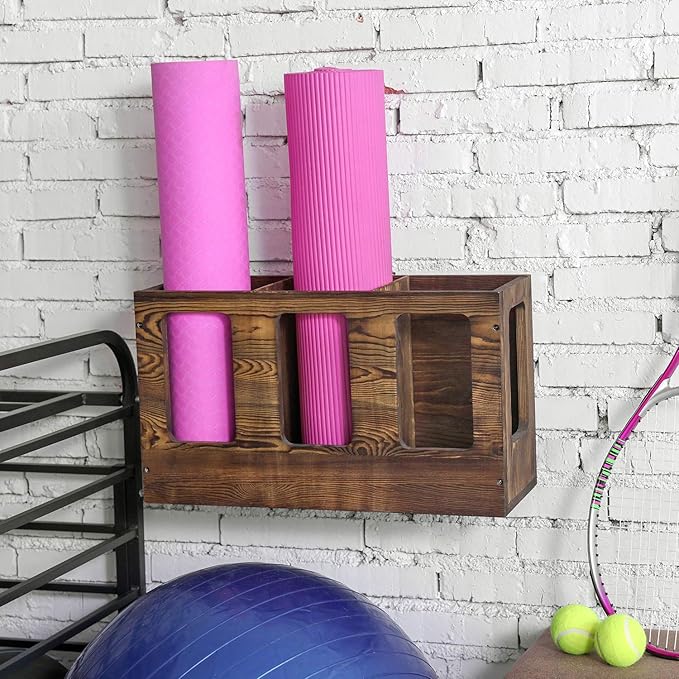 MyGift Wall Mounted Vintage Gray Solid Wood Yoga Mat Holder Fitness Gym Foam Roller Storage Organizer, Floor Standing Sports Exercise Mat Rack