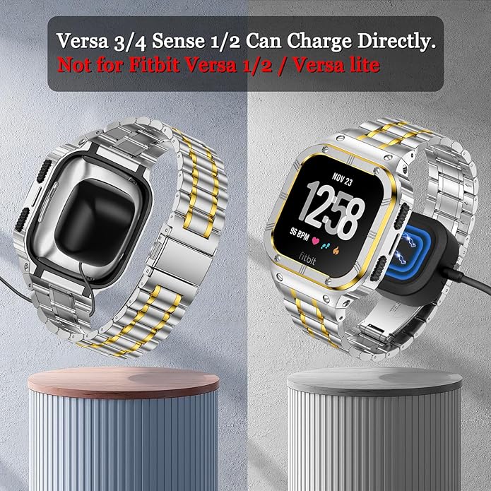 Stainless Steel Watch Band with Case Compatible for Fitbit Versa/Fitbit Sense Bands, Rugged Protective Bumper Metal Wristbands for Men Women