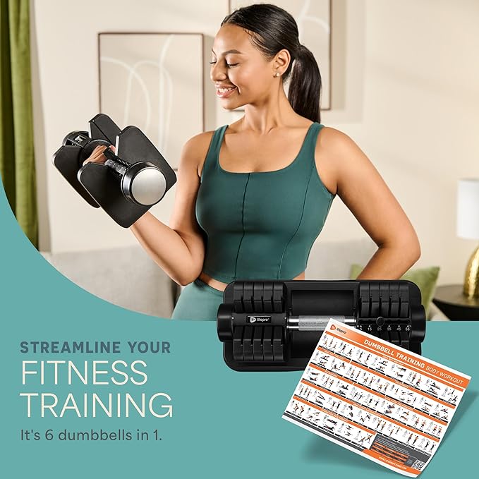 Lifepro Adjustable Dumbbells Set - 5in1-15lb 25lb 43lb weights Set & Single with Rack - Quick Adjust, Secure Grip - Compact Hand Weights for Men Women Home Gym