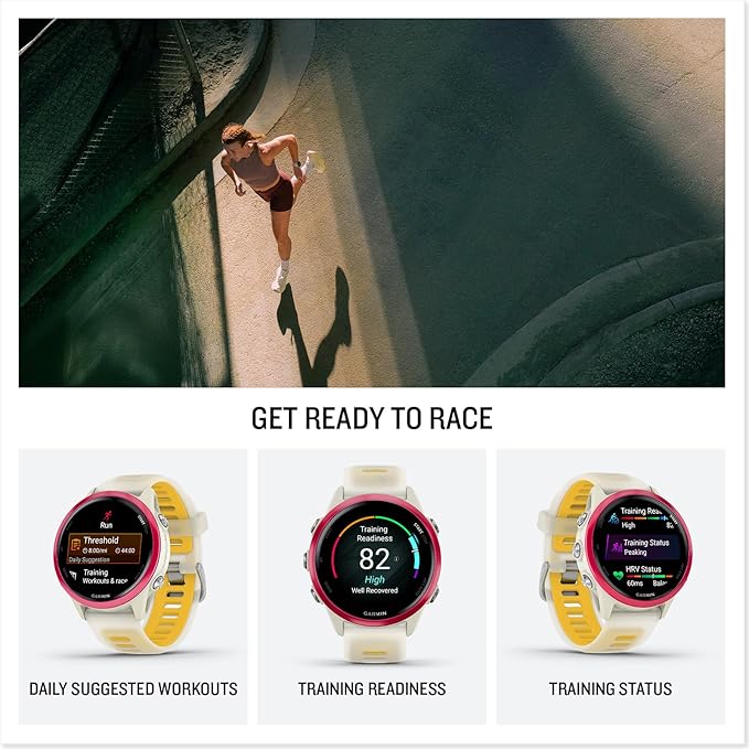 Garmin® Forerunner® 570, 42mm, Advanced GPS Running and Triathlon Smartwatch, AMOLED Display, Training and Recovery Features, Raspberry Aluminum with Translucent Bone/Mango Band