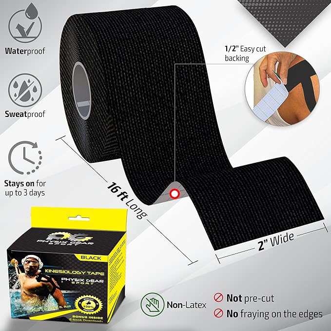 Physix Gear Cotton Kinesiology Tape Roll 16ft, Latex-Free Athletic Tape for Muscles/Joints, Waterproof Kinesiolgy, Stretchy Kinesiologytape, Gentle on Skin Kiniseaology Tape, Kinesology Tape