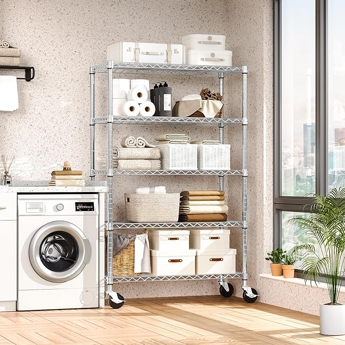 Steel Storage Shelving 5-Tier Utility Shelving Unit with Wheels, Steel Organizer Wire Rack for Home,Kitchen,Office,Garage,17.7" D x 47.2" W x 76.7" H-Chrome